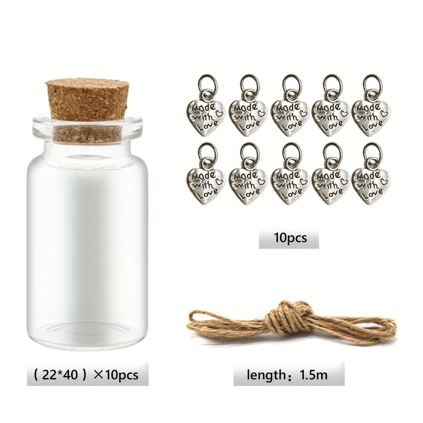 Set Di 10 Mini Bottiglie Di Vetro Con Ciondolo A Forma Di Cuore E Corda,  Disponibili In 3 Dimensioni