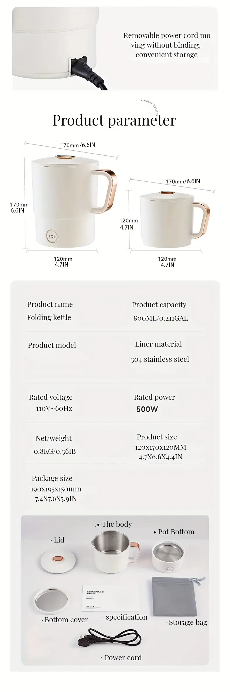 multifunctional 304 stainless steel folding kettle travel portable kettle stainless steel electric kettle mini household electric cooker noodle cooker coffee kettle hot pot electric kettle kettle 800ml capacity 0 211gal details 10