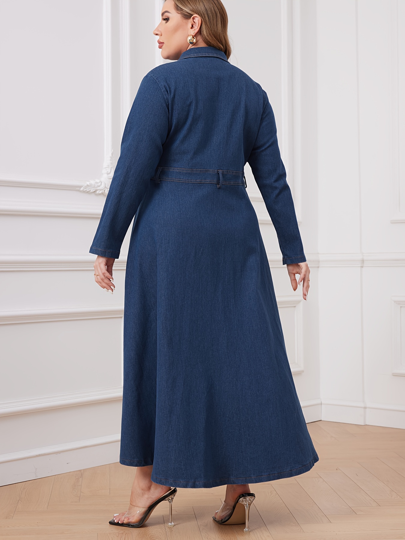 Plus Size Casual Denim Dress, Women's Plus Solid Long Sleeve Button Up  Lapel Collar Maxi Denim Dress With Pockets
