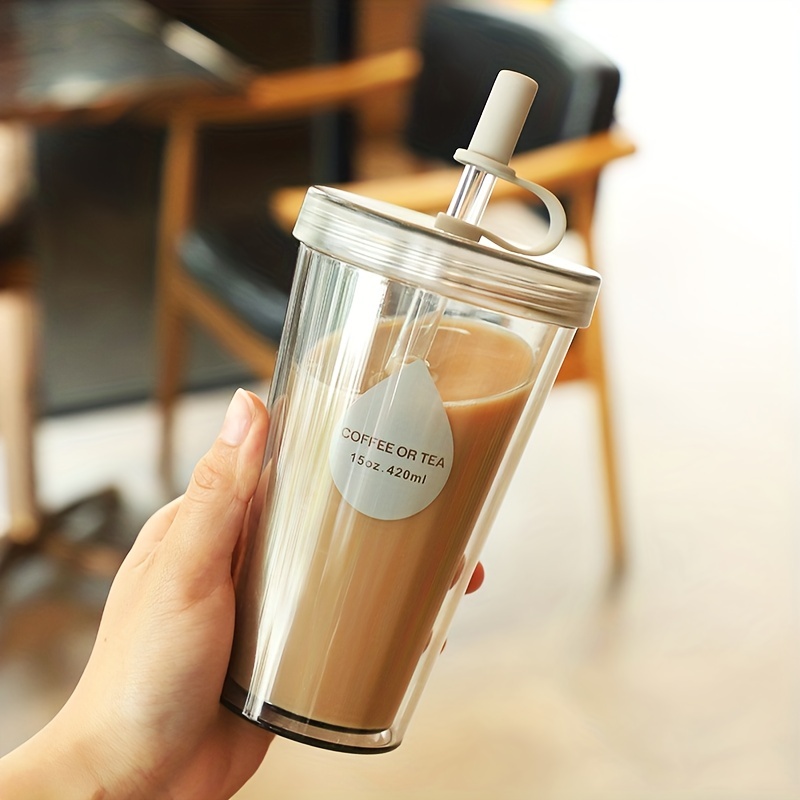 Tulip Shaped Double Glass Drinking Cup With Straw, Aesthetic Style,  Portable Milk Tea Coffee Cup, Office Home Use