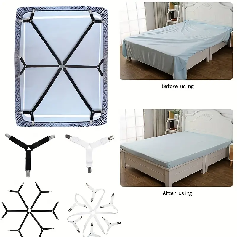 Bed Sheet Fasteners, 3/6 Sides Corner Adjustable Elastic Bed Sheet Holder  Straps With Clips, Black White - Temu