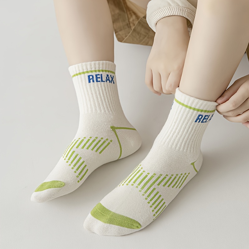 5 Pairs Boy's Striped Letter Crew Socks Cotton Blend Comfy Casual Style