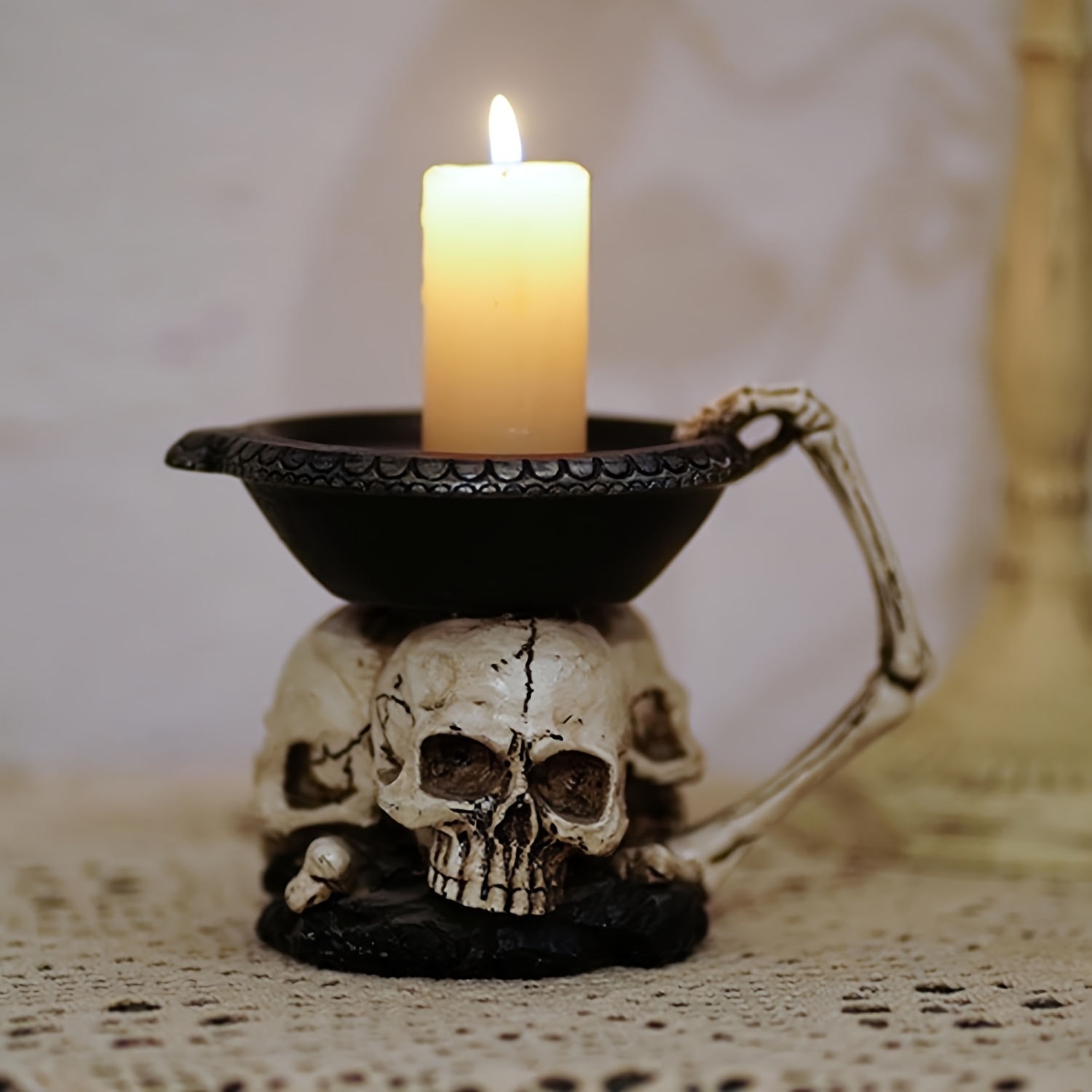 Skeleteen Animated Halloween Candelabra Decoration - Creepy Gothic Haunted  Mansion Black Skull Floating Candle Holder Party Decorations Prop 