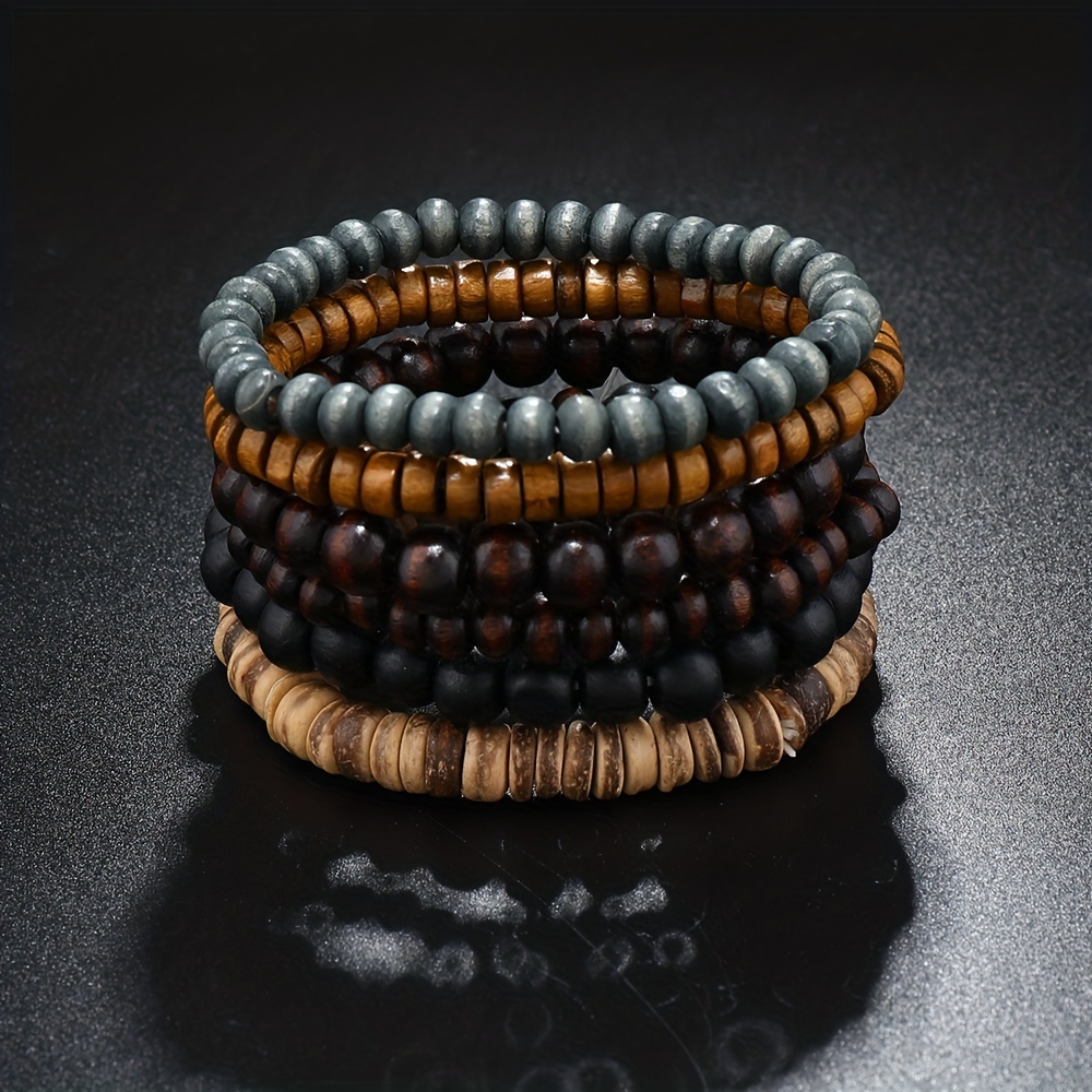 Mens Beaded Bracelet with Earthy Colors - Boho Wood Bracelets for Men