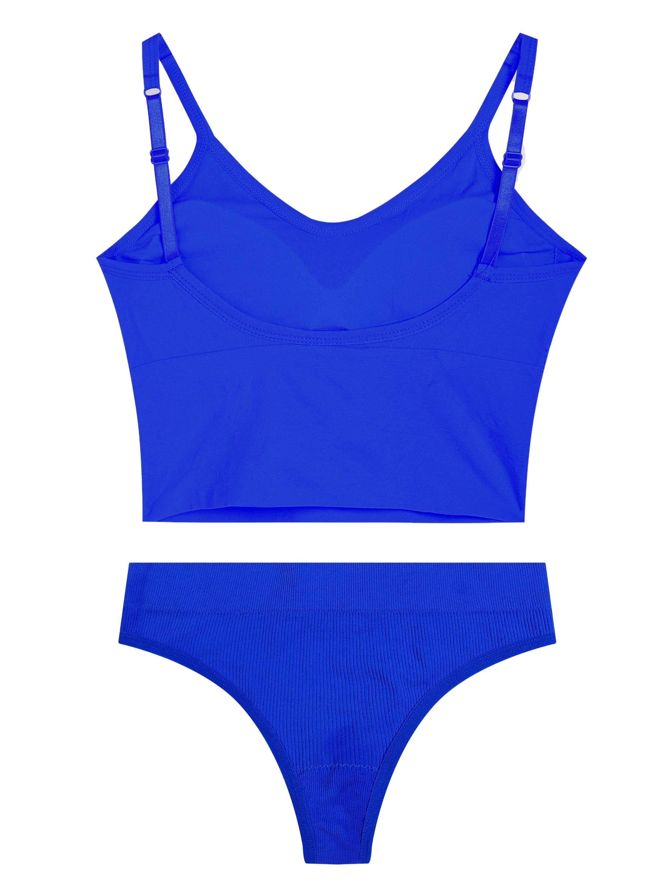 Plain Ribbed Lingerie Bra Top and Thong Set in Blue