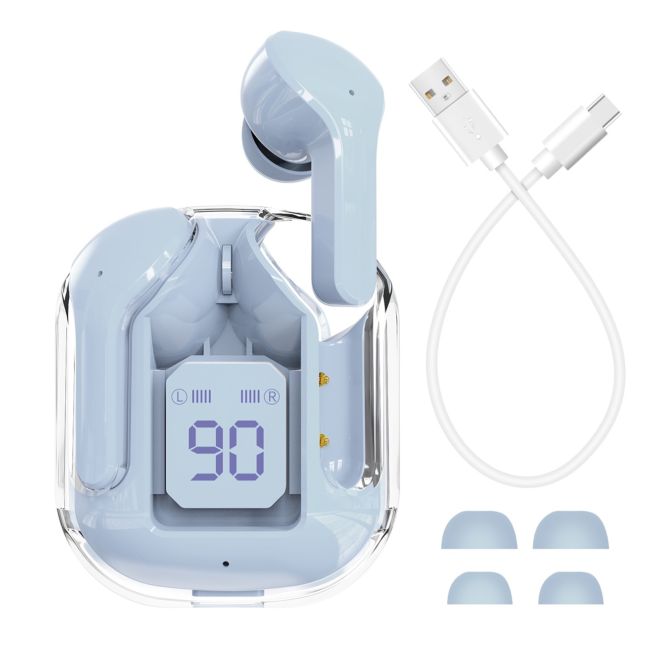 Auricolari stereo wireless colorati TWS BT V5.3 trasparenti, auricolare vivavoce in stile in-ear in silicone con display digitale della capacità della batteria, impermeabile_voghion.com