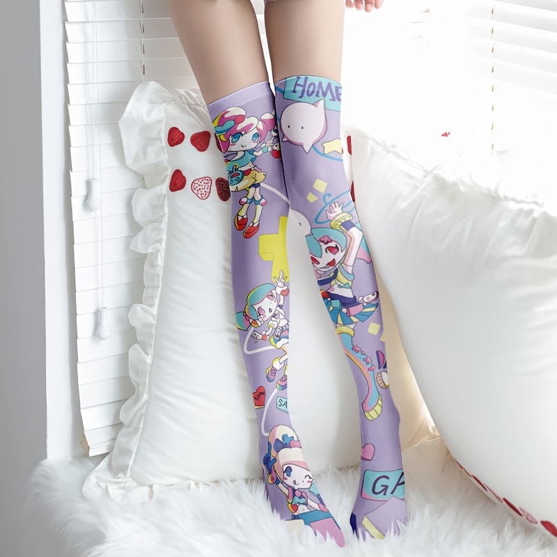 Kawaii Anime Thigh High Socks, Cute Cartoon Print * Over The Knee Stocks,  Women's Stockings & Hosiery