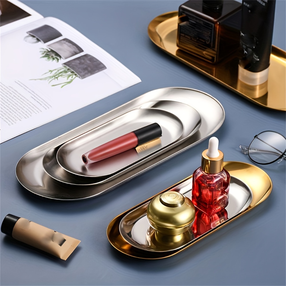 

1pc Stainless Steel Jewelry Accessories Storage Tray, Oval Flat Bottom Dessert Plate, Nut Cake Fruit Plate, Snack Plate