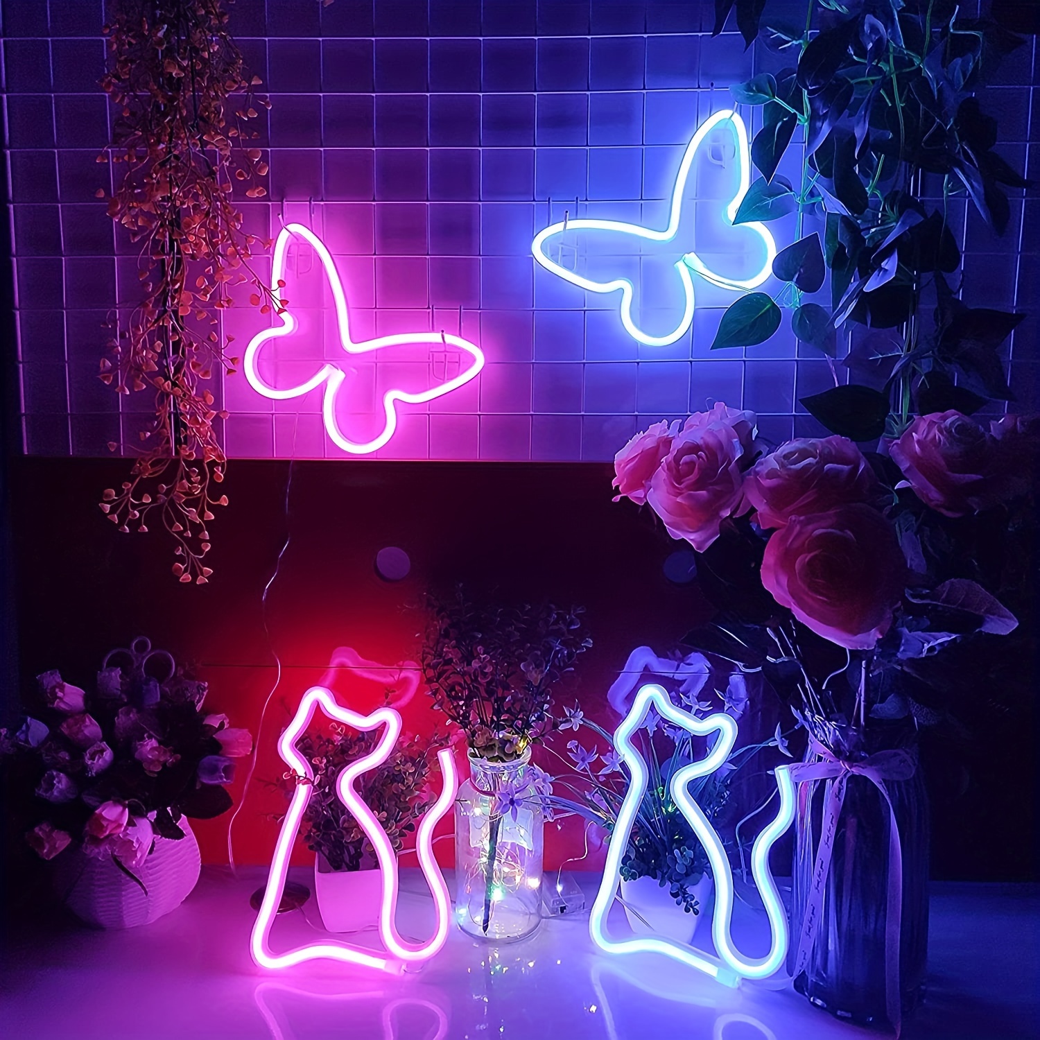 Mignon Miroir de Chat Noeud Papillon Néon LED, pour la décoration mural,  pour le maquillage, Chambre d'enfant, cadeau d'anniversaire de Dame