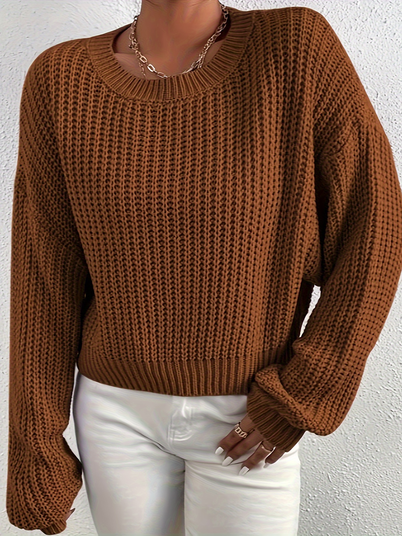 Crew Neck Rib Knit Sweater Casual Drop Shoulder Oversized - Temu