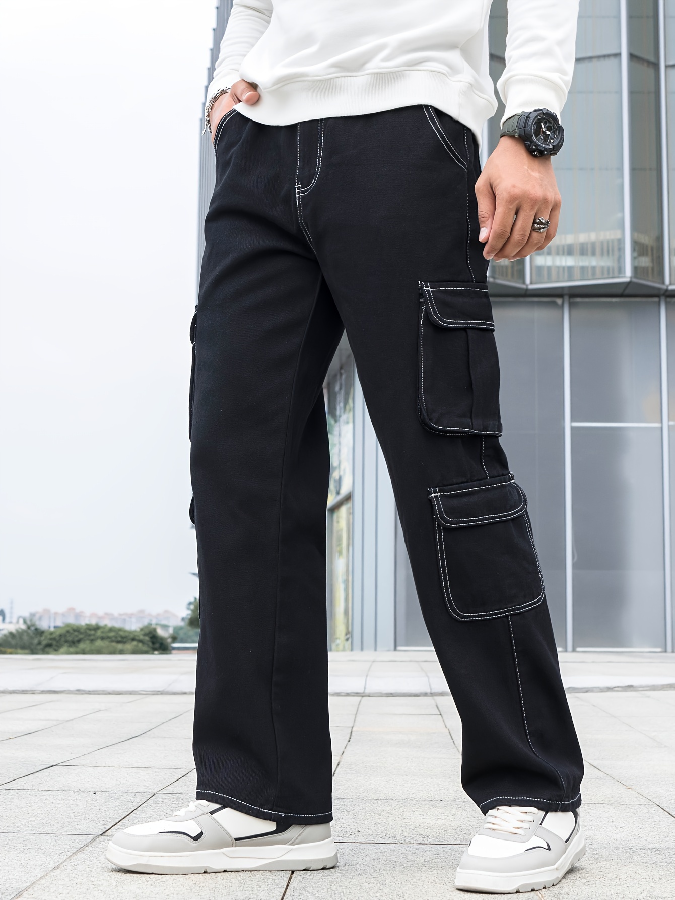 Multi Pocket Wide Leg Jeans, Herren Casual Street Style Loose Fit Cargo  Denim Hose Für Alle Jahreszeiten
