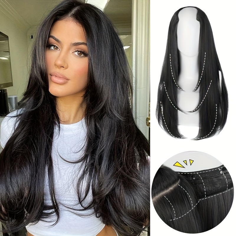 Women's U-Shaped Long Straight Hair Synthetic Hair Pieces, Wigs, Hair Bundles 4 Clips Hair Extension Invisible Hair,Temu