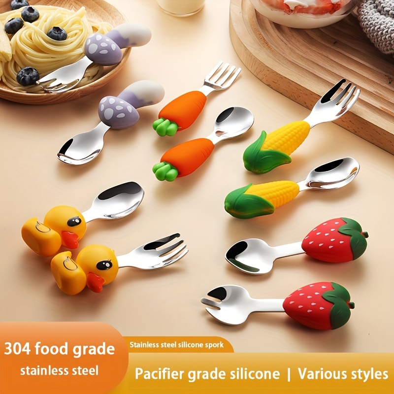 2pcs/set Food Grade Silicone Mini Fork Spoon For Baby Wooden Print Utensils  Set Feeding Spoon Learn To Eat Children's Tableware