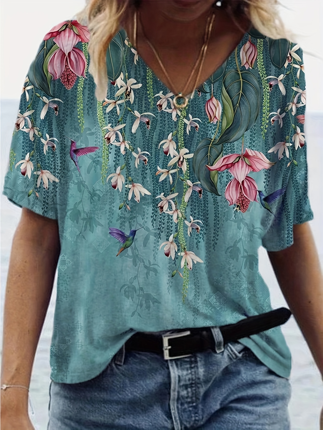 floral print v neck t shirt short sleeve casual top for spring summer womens clothing