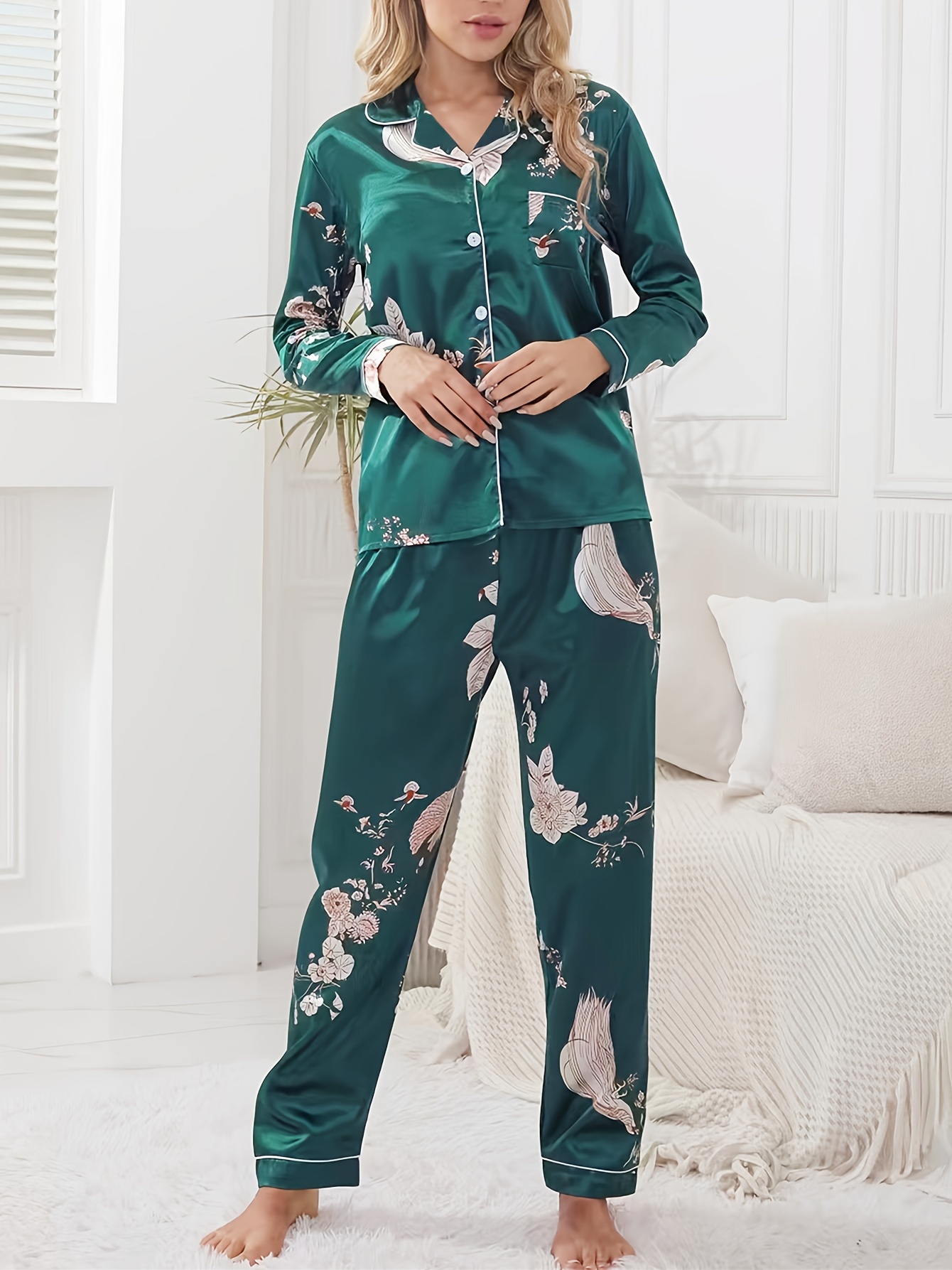 Floral Pattern Satin Pajama Set Comfort Pocket Lapel Long - Temu