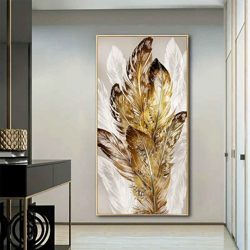 Pintura de gran tamaño con hojas de plumas doradas, marcos de pintura  abstracta, arte moderno, arte de pared grande, decoración de habitación,  37.4 x
