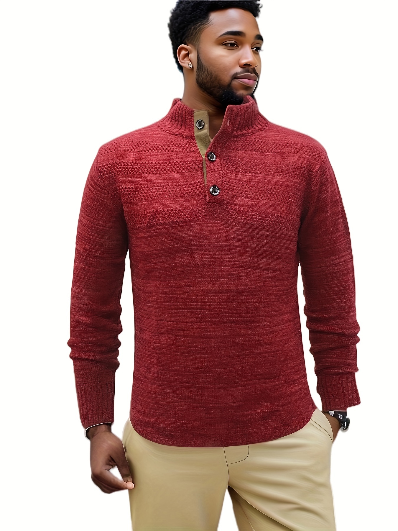 Solid Color Chic Knit Shirt, Men's Casual Lapel Slightly Stretch V-Neck  Pullover Sweater For Autumn Winter