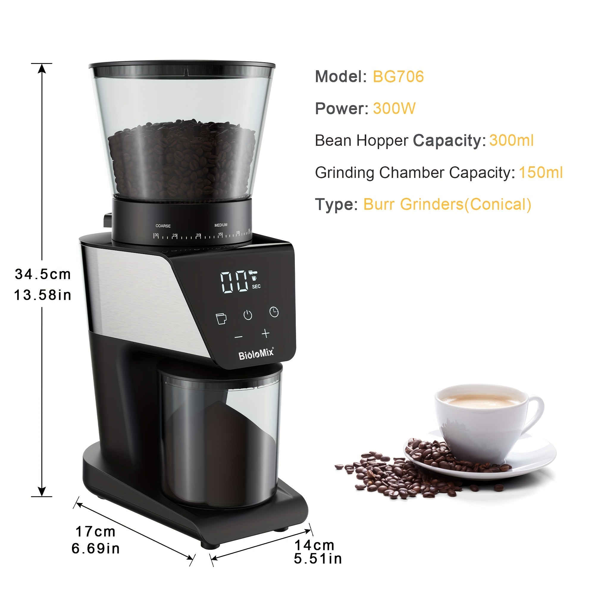 BioloMix Automatic Burr Mill Electric Coffee Grinder With 30 Gears For  Espresso American Coffee Pour Over Visual Bean Storage