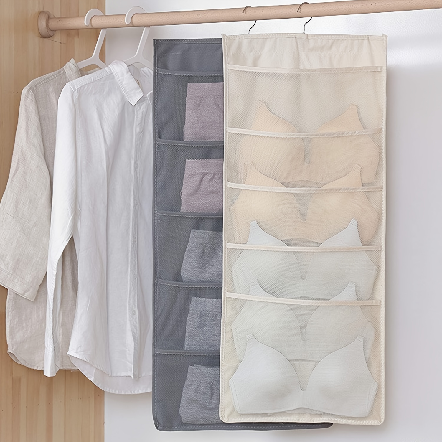 Aofa Underwear Organizer 30 Mesh Pockets Hanging Storage Organiser with  Metal Hanger, Dual-Sided Hanging Closet Organizer for Underwear, Stocking, Bra and Sock 