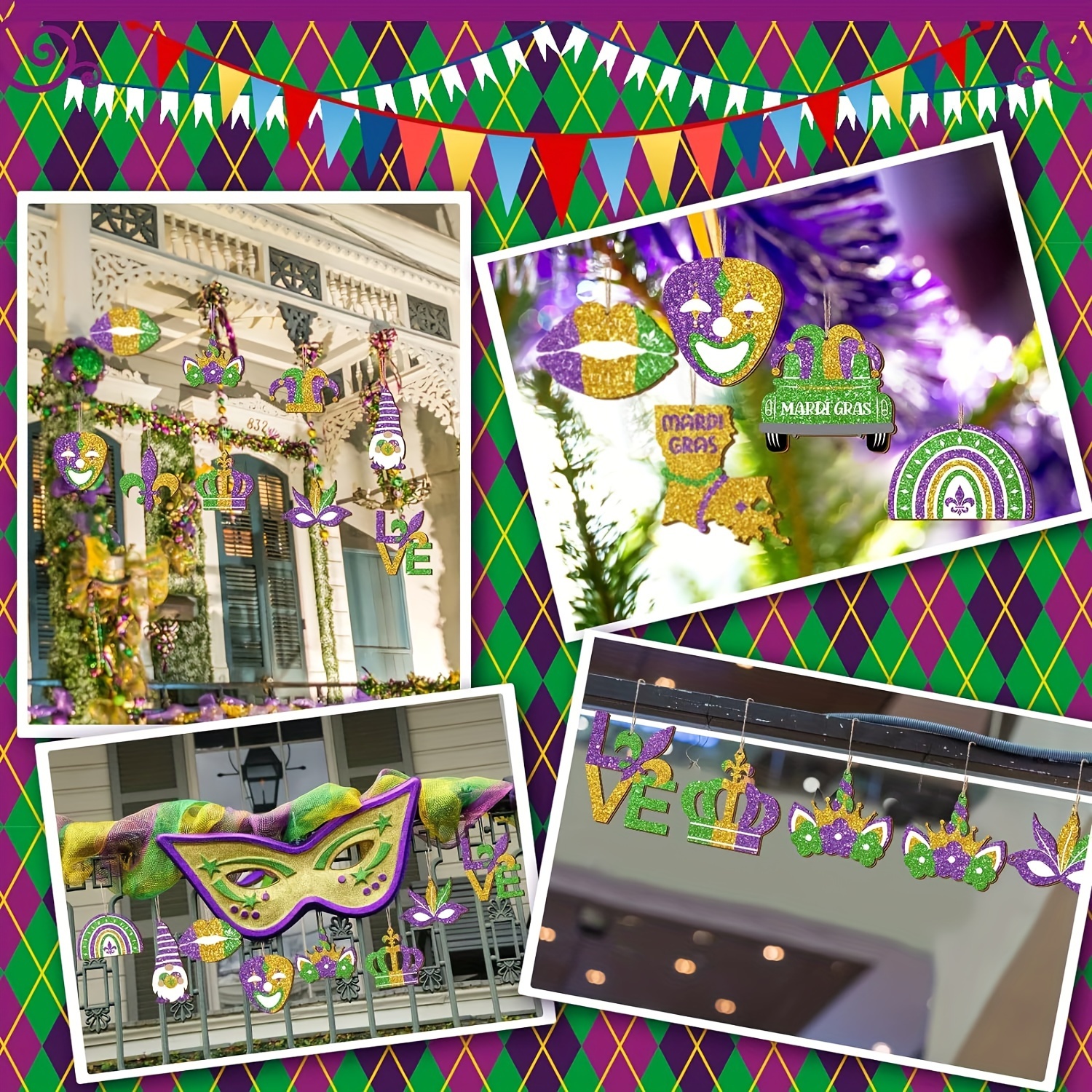 Mardi Gras Wooden Ornaments Purple Yellow Green Hanging - Temu