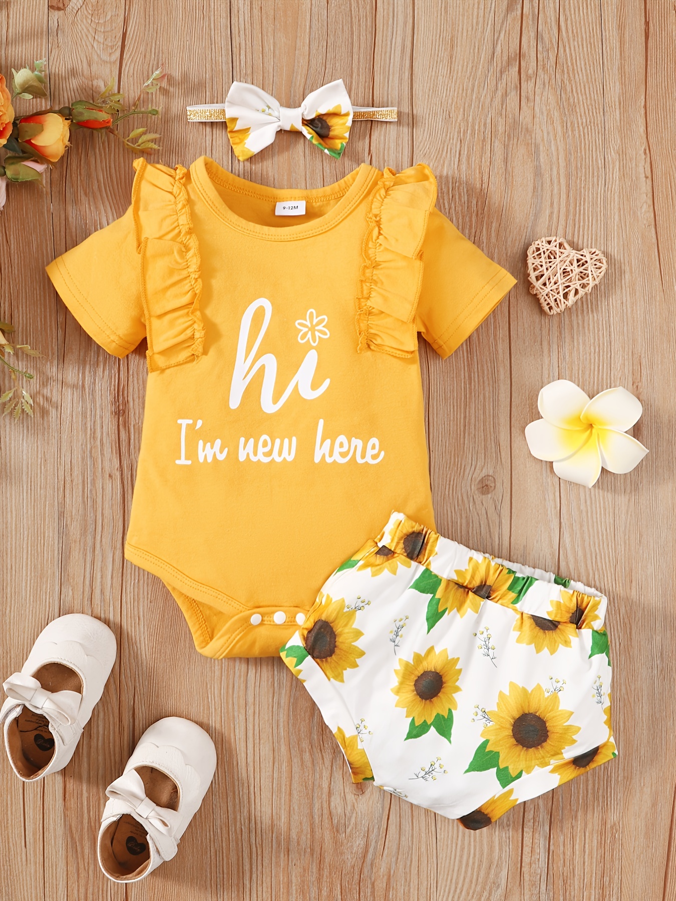 Newborn Infant Baby Girls Tops+Floral Sunflower Shorts+Headbands Outfits