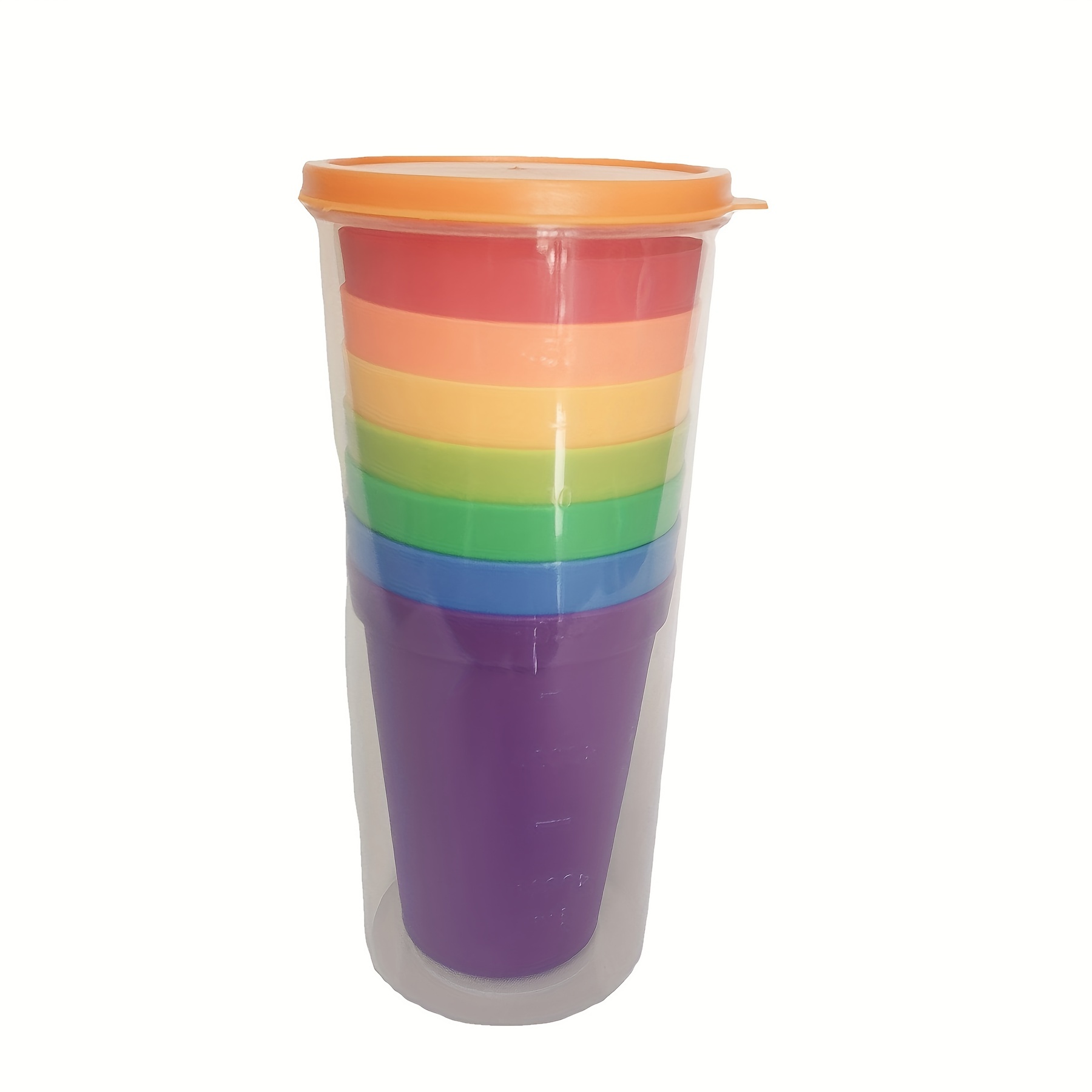 plastic rainbow colored cups in set