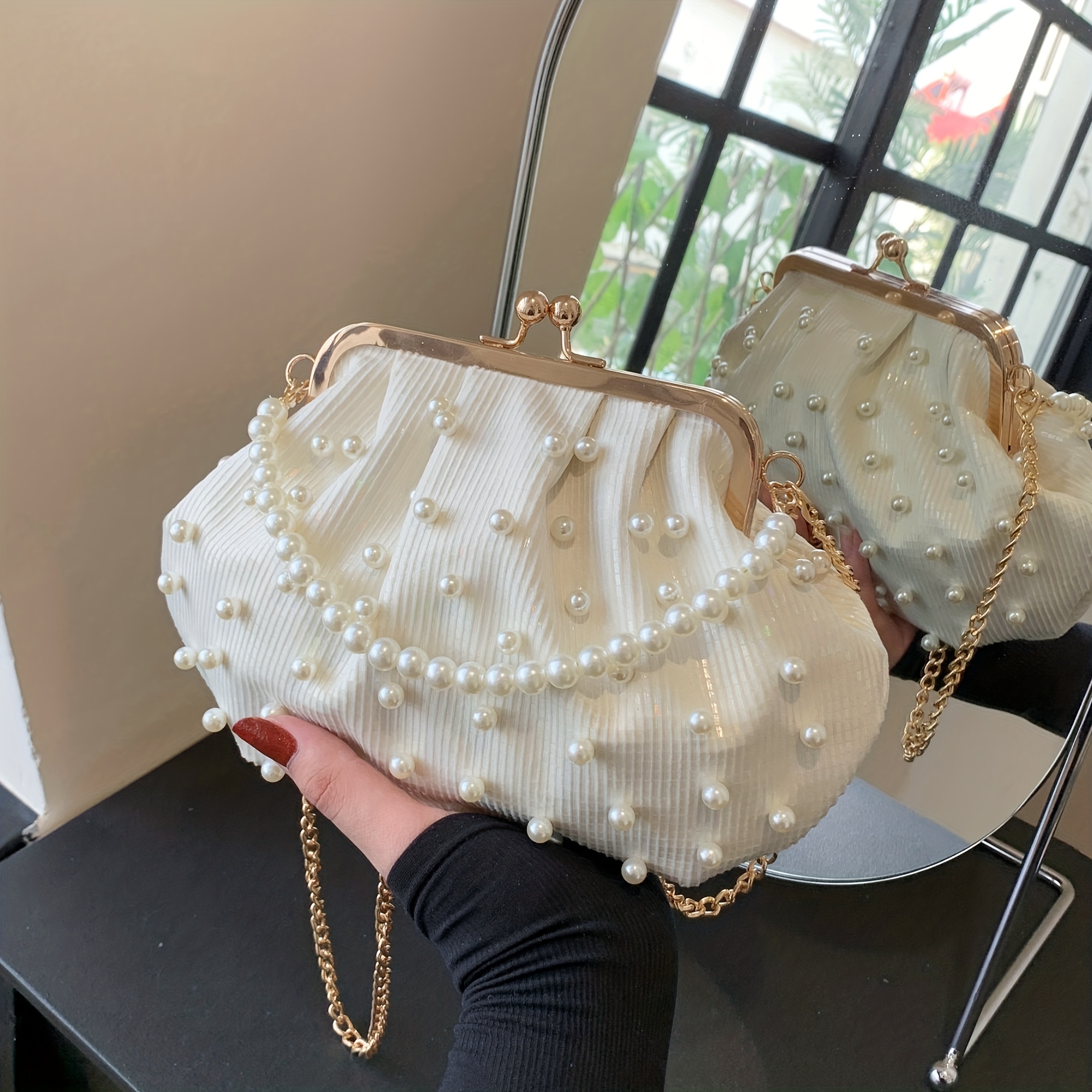 Faux Pearl Handle Versatile Handbag, Stylish Kiss Lock Solid Color Shoulder  Bag, Elegant Fairy Style Chain Strap Trendy Crossbody Evening Bag - Temu  Mexico