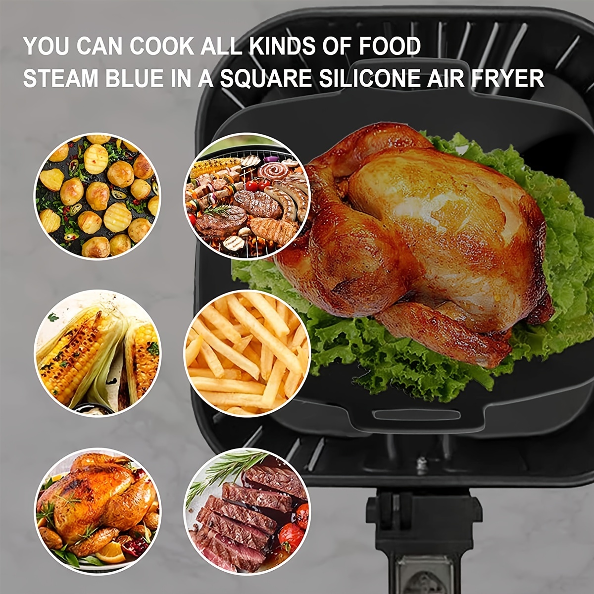 1/2Pcs Air Fryer Silicone Pot with Handle Reusable Air Fryer Liner Heat  Resistant Air Fryer Silicone Pot Square Liners Tray with 2 Brushes  Vegetables Chicken Beef Baskets 