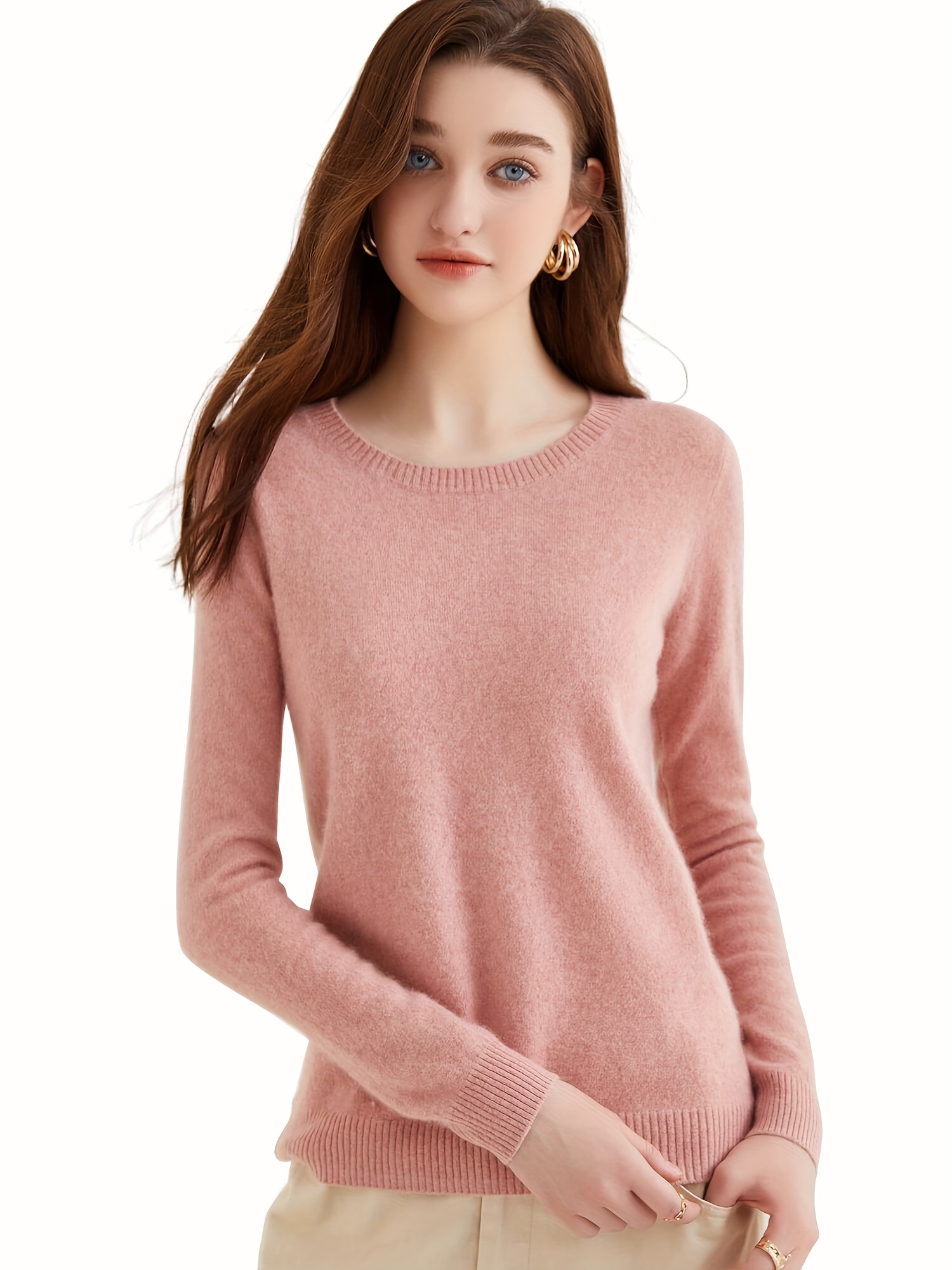 100 cashmere sweater casual long sleeve crew neck sweater womens clothing pink 3