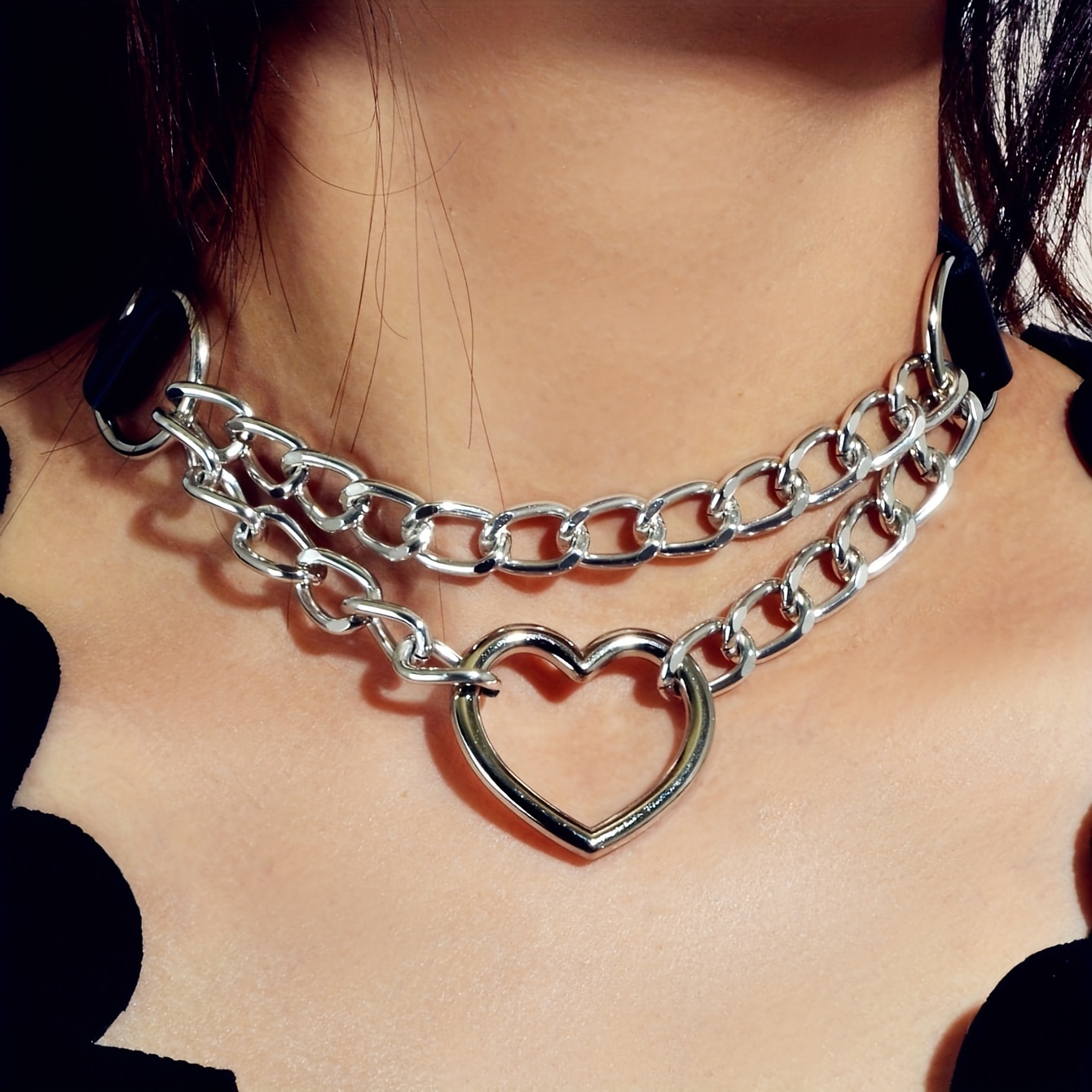 Punk Heart Pendant Leather Choker Collar For Men Women, Punk Silver Color  Chain Harajuku Collars Sexy Jewelry - Temu