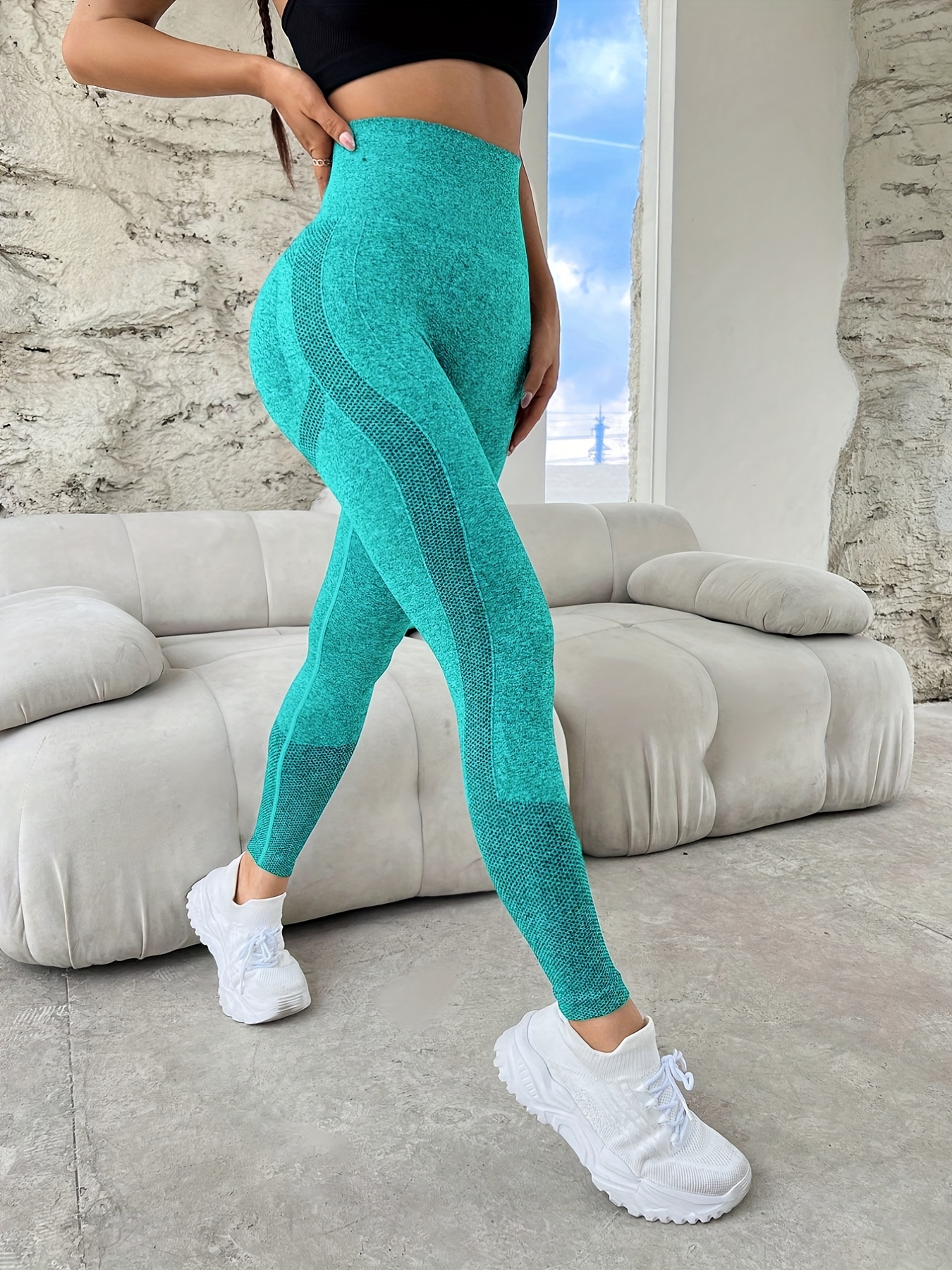 Contrast Color Seamless Knitting Yoga Pants Hip Lifting - Temu