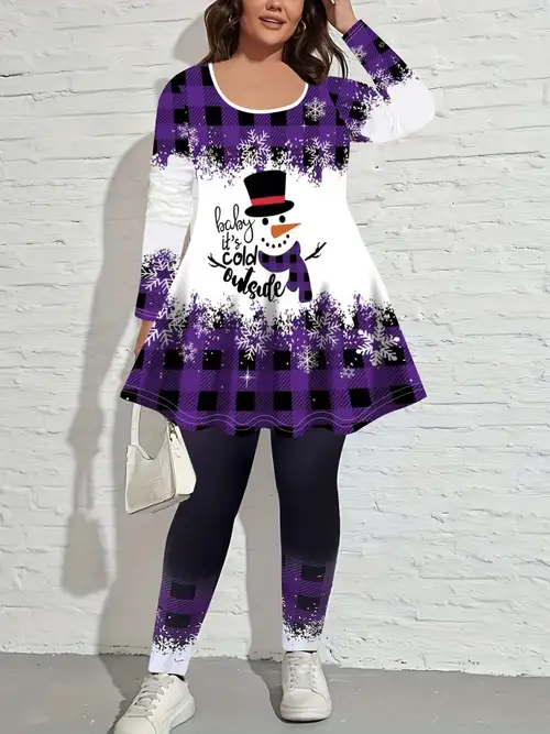 Plus Size Christmas Outfits Set Women's Plus Snowman Slogan - Temu