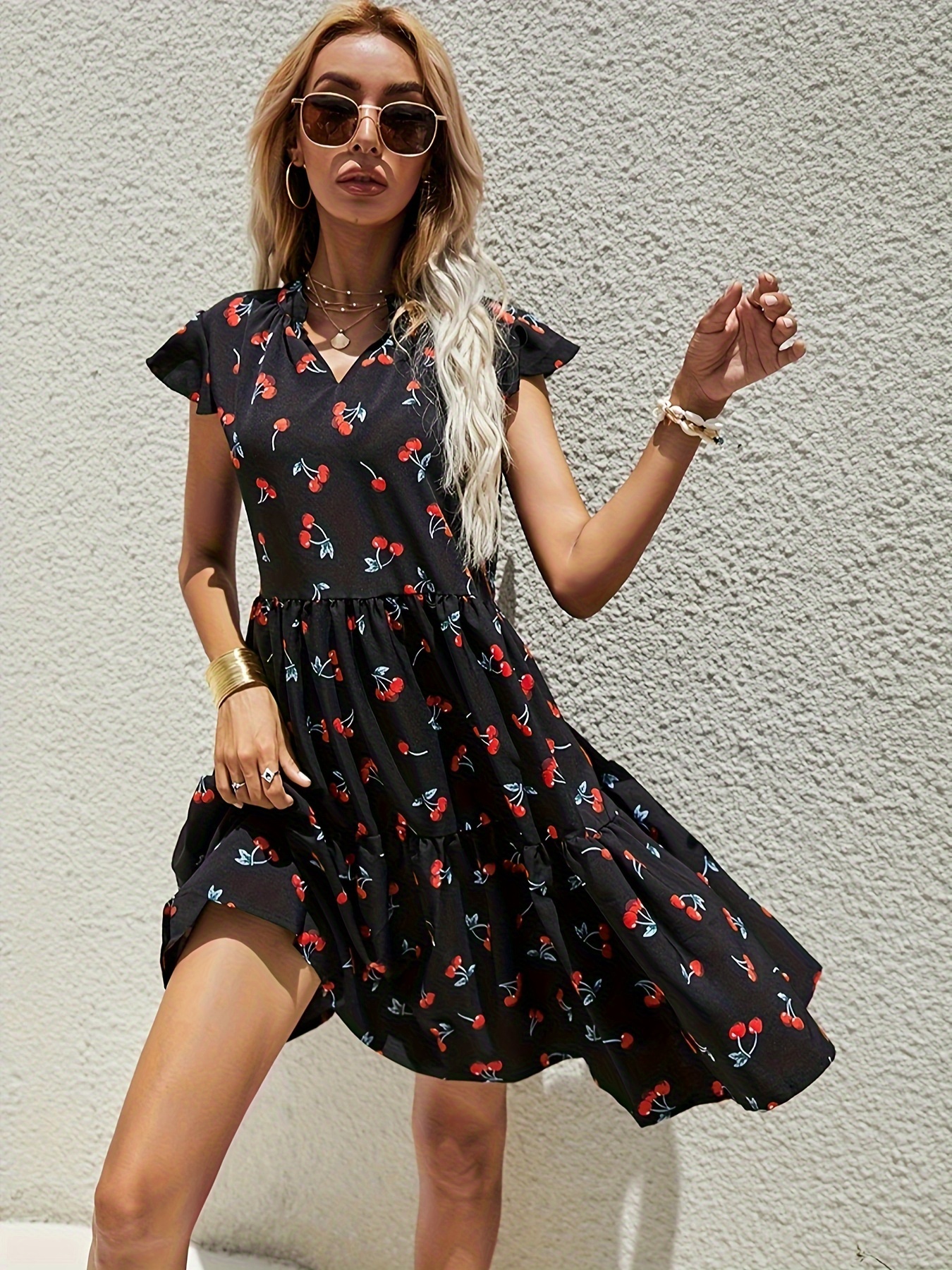 Buy Canrulo Womens V Neck Short Sleeve Vintage Midi Summer Dresses with  Cherry Print (US 12, Dark Blue) Online at desertcartBAHRAIN