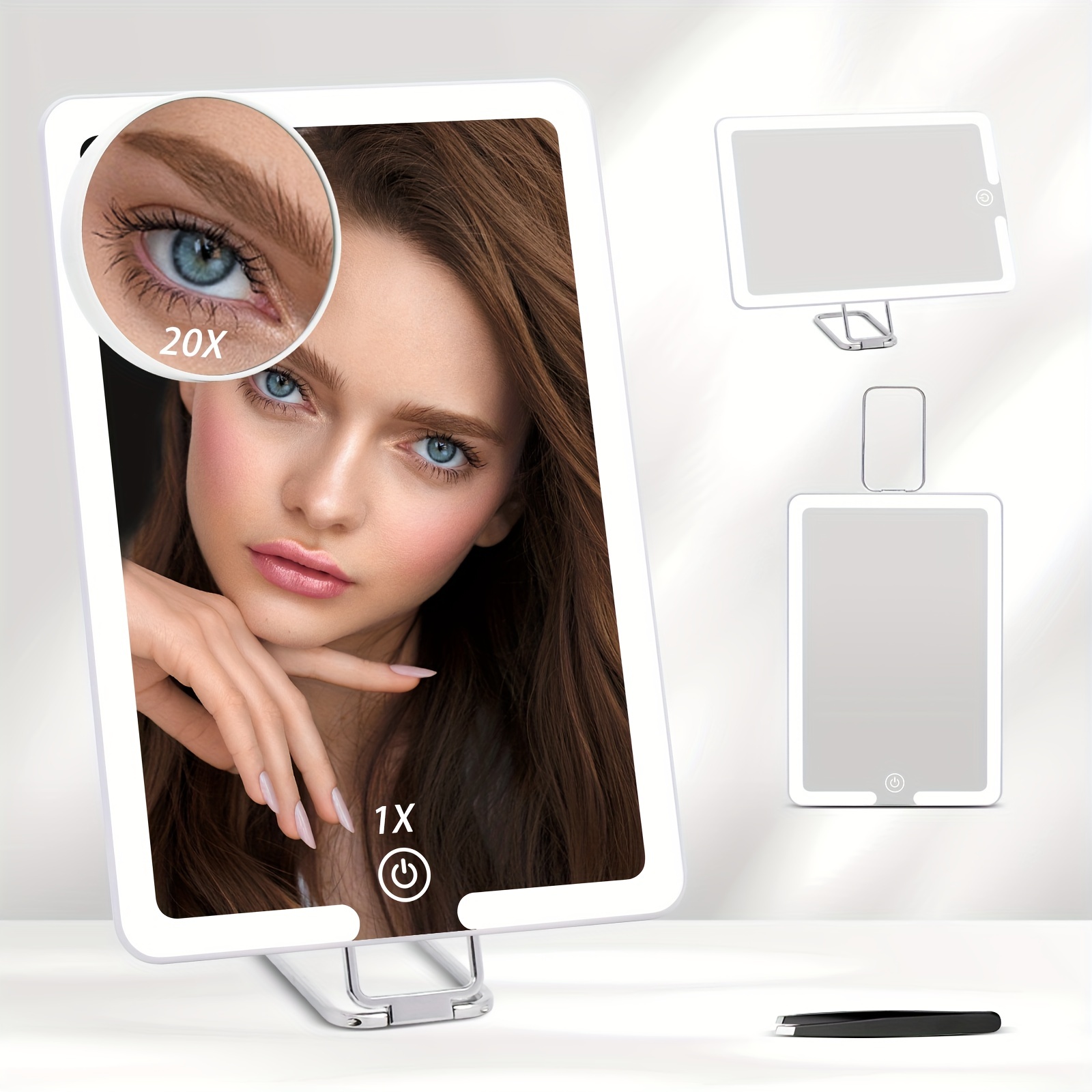 Travel Makeup Mirror with Lights 360 Stand & 10X Magnifying Mirror