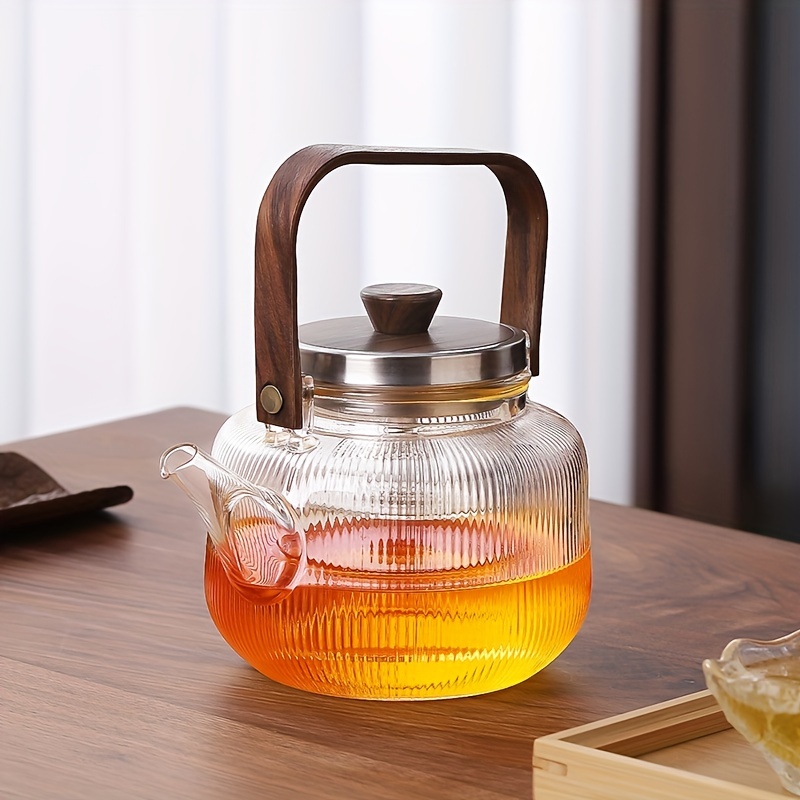 Heat Resistant Glass Teapot with Infuser Lid and Wood Handle