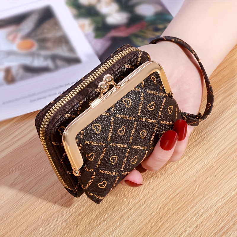 Contacts Kiss Lock Wallet for Women Leather Vintage Kiss Clasp Wallet Coin Purse RFID Bifold Wallet Card Phone Holder