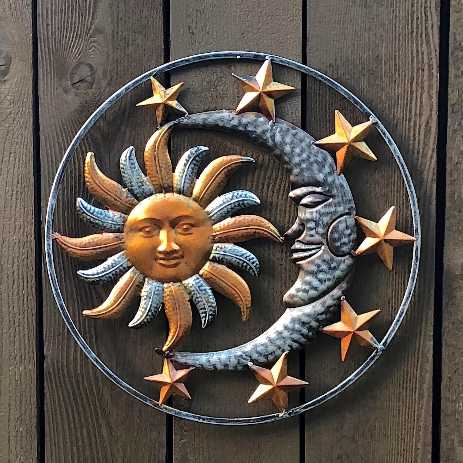 Metal Wall Art With Sun Moon Stars For Garden Outdoor Decor, Sun Moon Star  Face Celestial Statue Hanging Wall Sculpture Temu