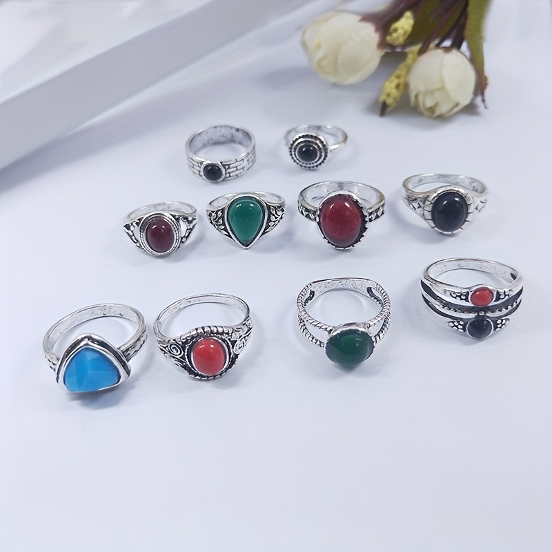 Boho Style Ring Set Silver Plated Inlaid Turquoise Two - Temu