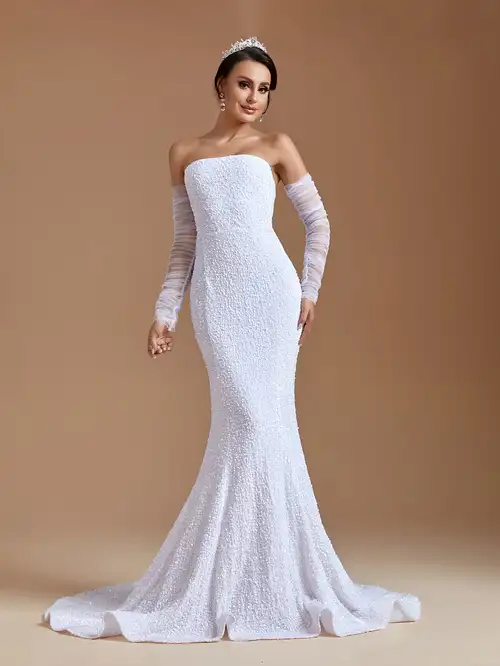 Elegant Satin Wedding Dresses Mermaid Strapless Ruched Sweep Train Bridal  Gown