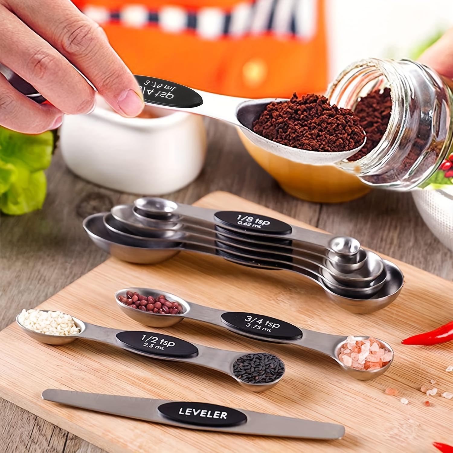 Measuring Cups and Spoons Set Stainless Steel Including 8 Stackable  Measuring Cup 8 Double Sided Magnetic Measuring Spoons with 1 Leveler for  Dry and