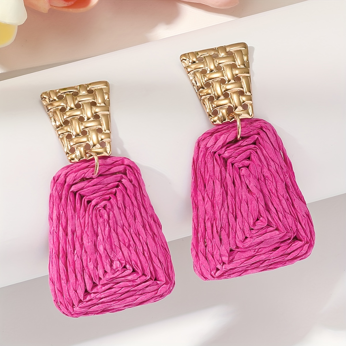 

Colorful Geometric Shape Raffia Grass Braided Dangle Earrings Bohemian Party Style Holiday Vacation Ear Ornaments