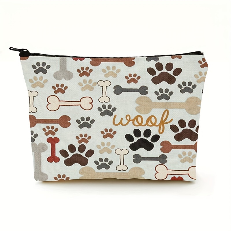 

1pc Makeup Bag Dog Paw Prints Bones Roomy Cosmetic Bag Portable Zipper Pouch Toiletry Jewelry Storage Bag Gifts Small Travel Makeup Bag For Women