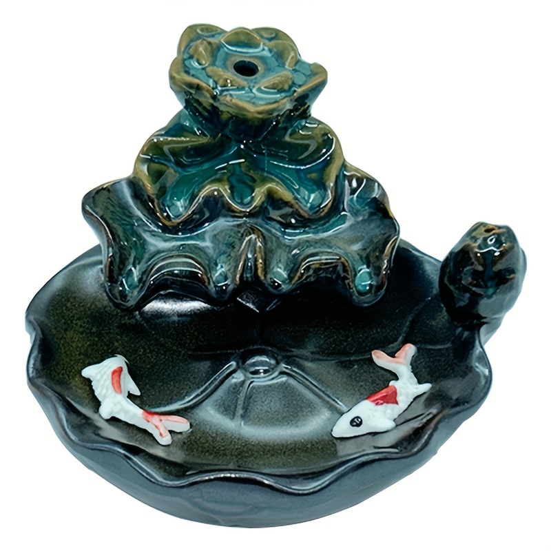 Ceramic Backflow Incense Burner Holder Lotus Waterfall & Cones Gift