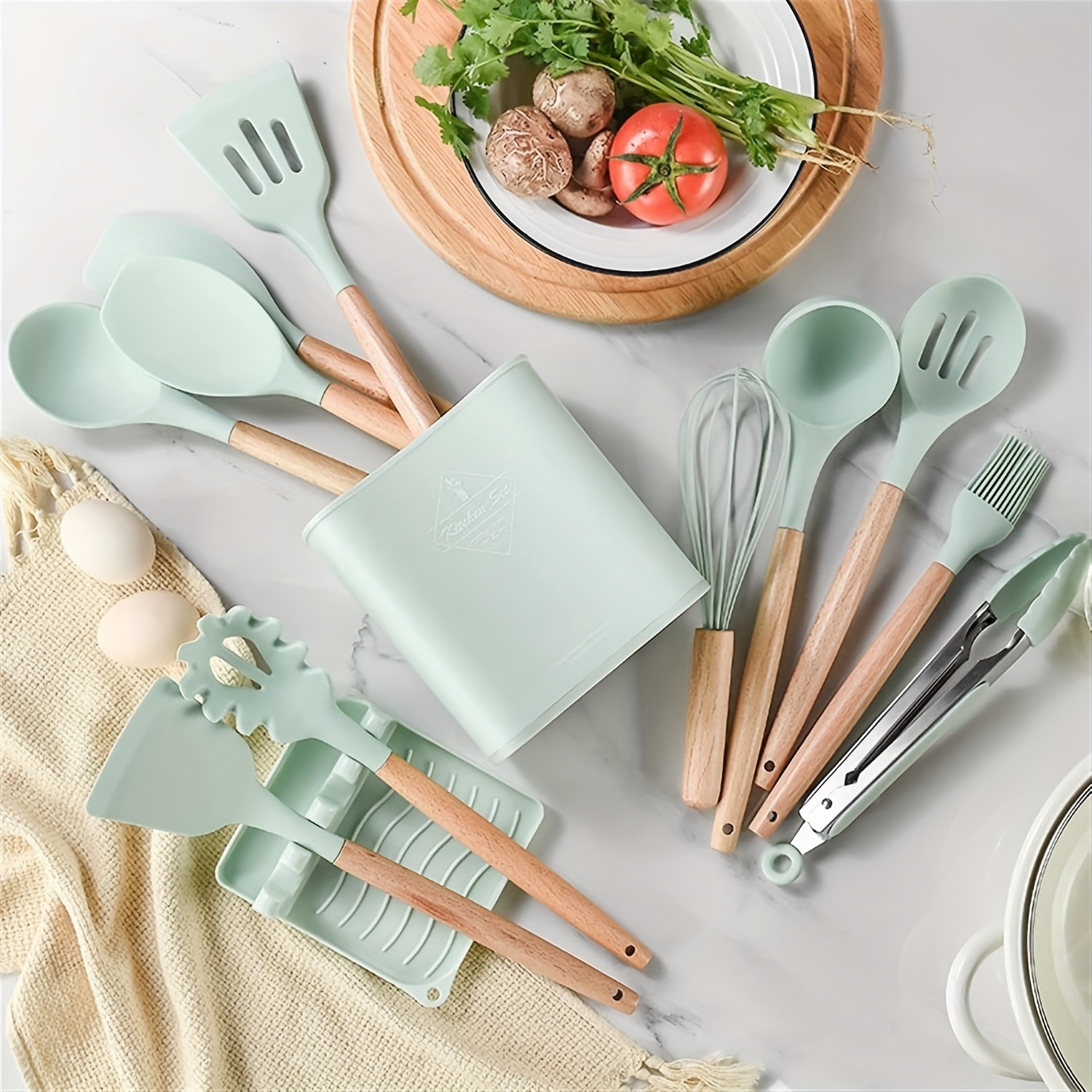 Kitchen Utensil Set, Nonstick Silicone with Wooden Handle and
