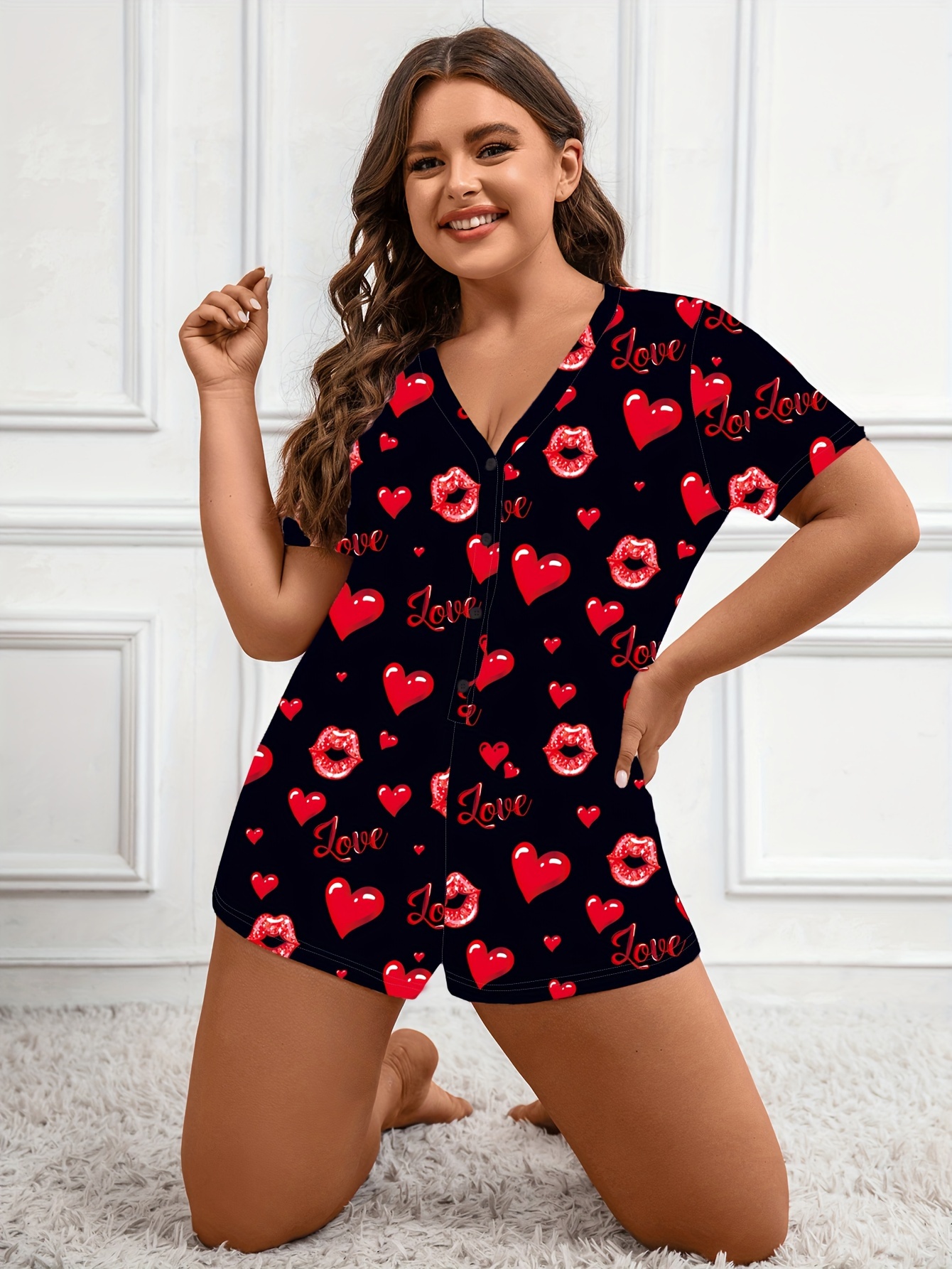 Womens Valentine's Day Casual Sleep Jumpsuit, Plus Size Kiss & Heart Print  Half Button Short Sleeve Lounge Romper