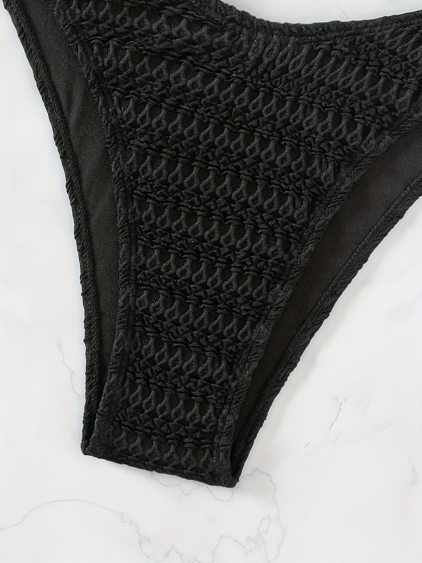 Knitted Fabric Cheeky Swim Briefs, Solid Black High Cut Stretchy Bikini