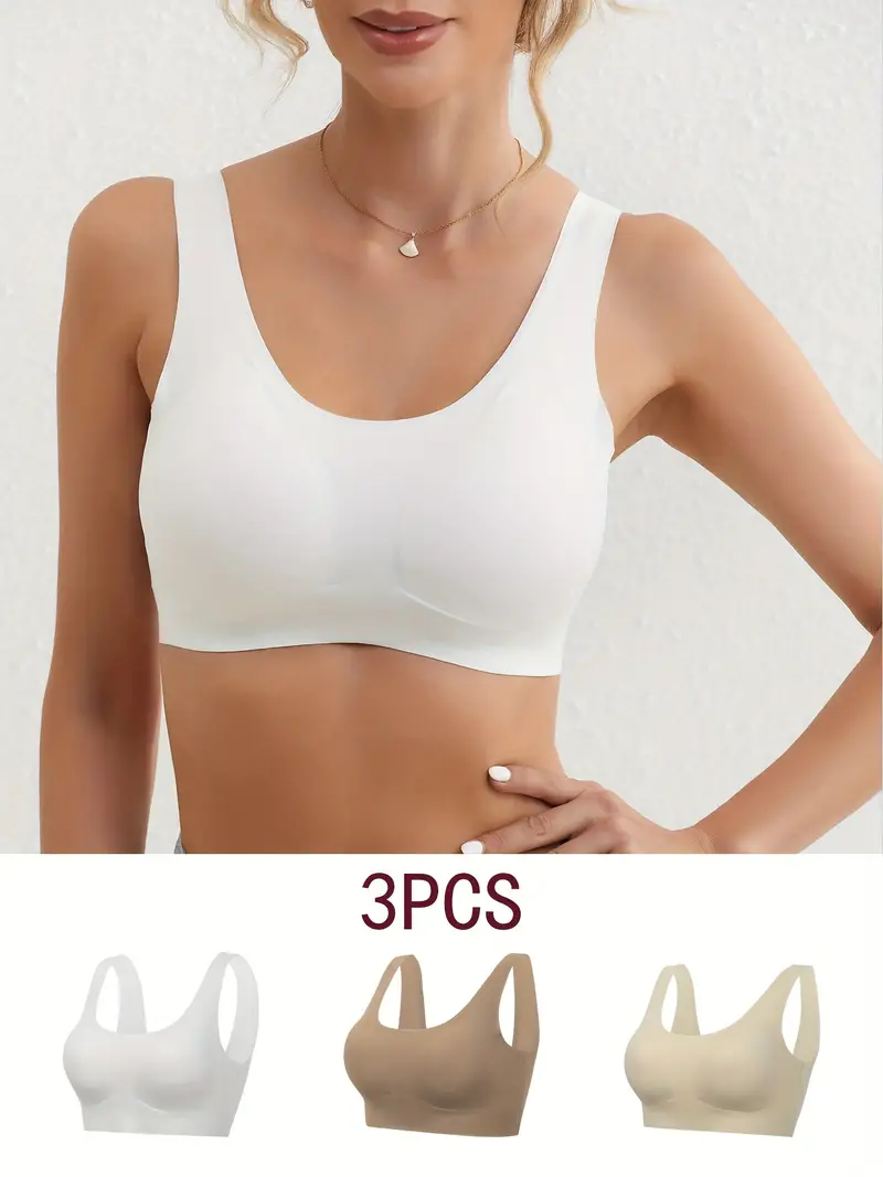 3pcs Seamless Solid Wireless Bras, Comfy & Soft Stretch Bra, Women's  Lingerie & Underwear