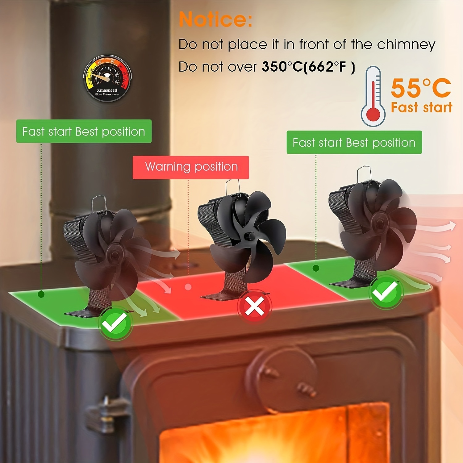 Wood Stove Fan, 5-Blade Fireplace Fan for Wood Burning Stove, Heat Powered  fan