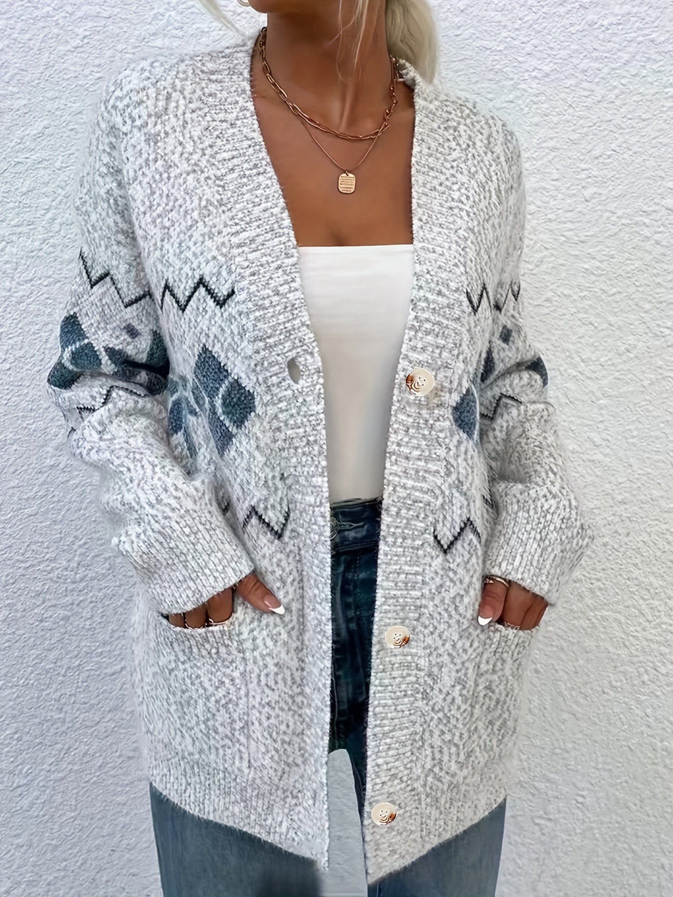 Geometric Print Button Up Cardigan With Pockets