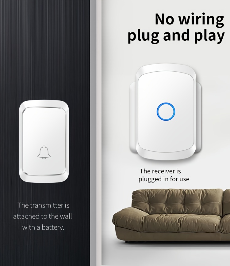 Timbre sin varillas para el Hogar, Alcance de hasta 1000 Pies – 60 Melodías Seleccionables – 5 Niveles Ajustables de Volumen, 110dB Modo Silencioso con Flash LED para Puertas y Ventanas, Enchufe US, Timbres para Casa, Campanilla Sin Cable para Salón Clase, Notificación inalámbrica, Sonería Moderna Diseño Elegante Transmisión Fiable Construcción Duradera Chime sin cuerdas Para Arrendatarios Propietarios